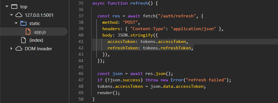 The refresh request pairing the access and refresh tokens