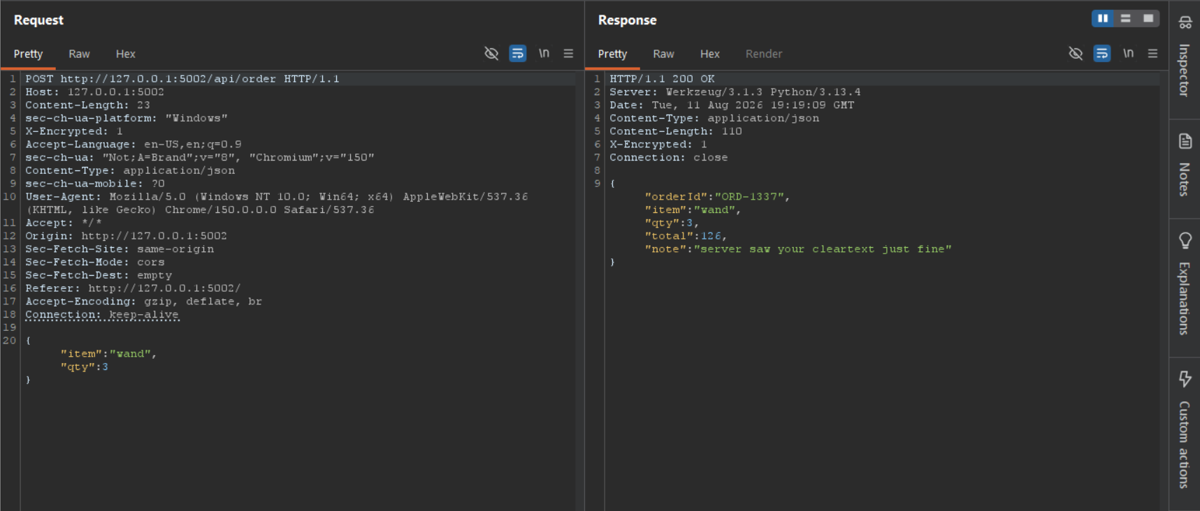 Decrypted JSON request and response in Burp