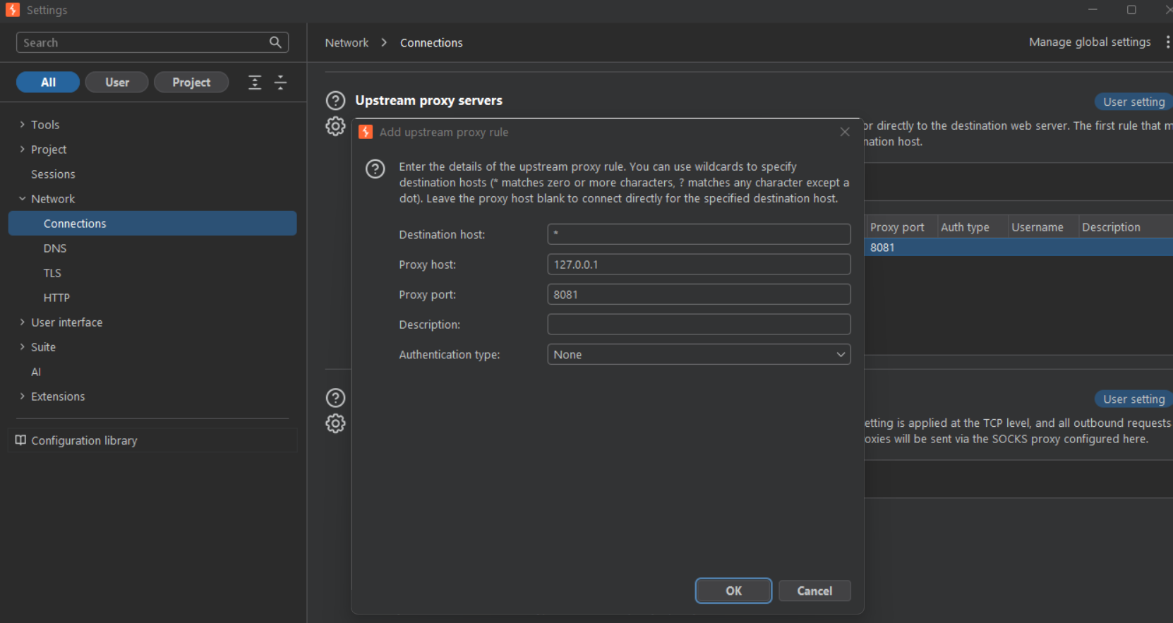 Burp upstream proxy server configuration