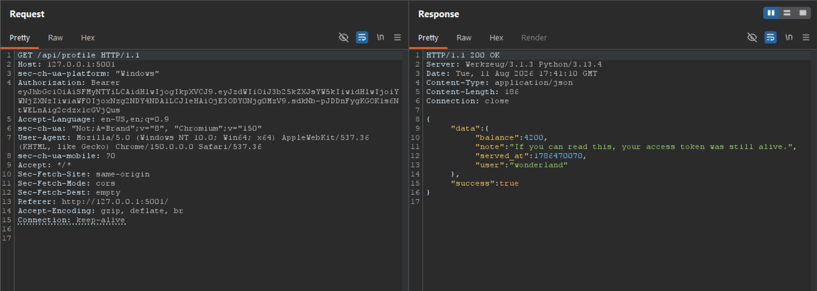 A successful authenticated request in Repeater