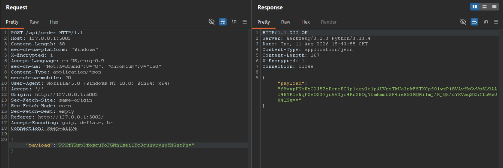 An encrypted request body in Burp