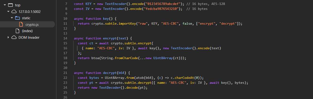 The AES key and IV hardcoded in the frontend bundle